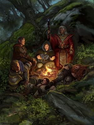 A group of adventurers resting by the campfire
